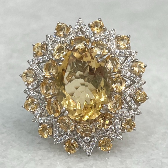 Jewelry - BrazilianCitrine White Zircon LARGE Sterling Silver Sunburst Statement Ring